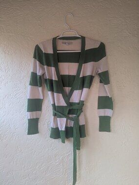 Old Navy Green & White Striped Cotton Wrap Sweater